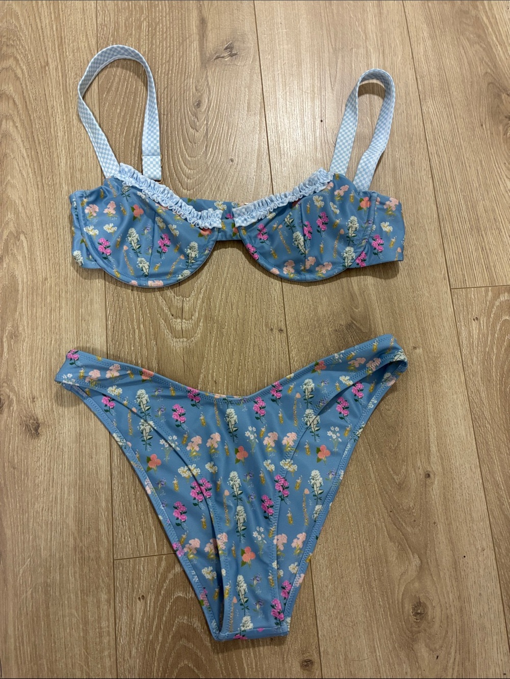 Strawberry Milk Mob Blue Floral Underwire Bra & Bikini Set
